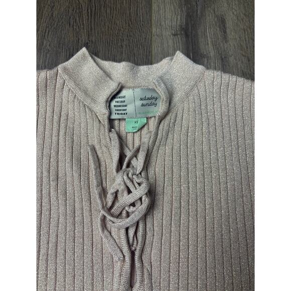 Anthropologie Saturday Sunday XS Metallic Ribbed Knit Lace Up Midi Dress Pink - Picture 3 of 9